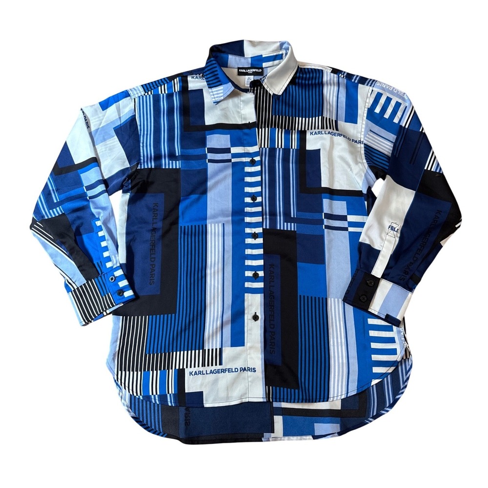 Karl Lagerfeld Paris Button Down Shirt Women Blue Geometric Logo SIZE M